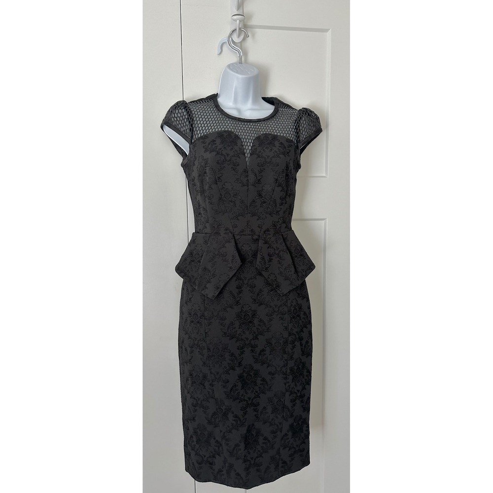 Karen Millen Black Jacquard Peplum Dress Mesh Cap Sleeve Floral DR011 US 4